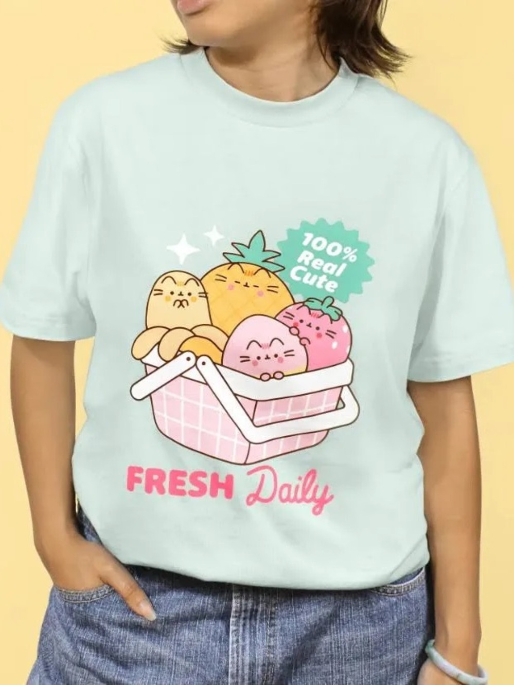 Culturefly | Women’s Pusheen Light Green ‘Fresh Daily' Fruit Graphic Tee